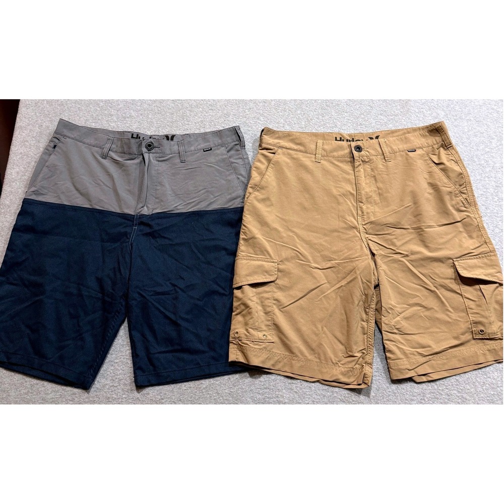 Hurley Nike Dri-FIT Shorts Bundle Mens 33 Tan Cargo Grey Navy Colorblock 2 Pairs